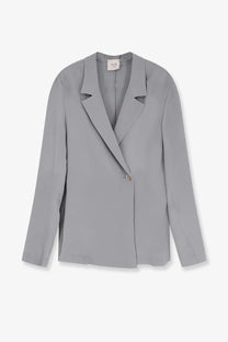 Alysi women’s loose silk blazer grey in light gray with single button closure and structured lapels
