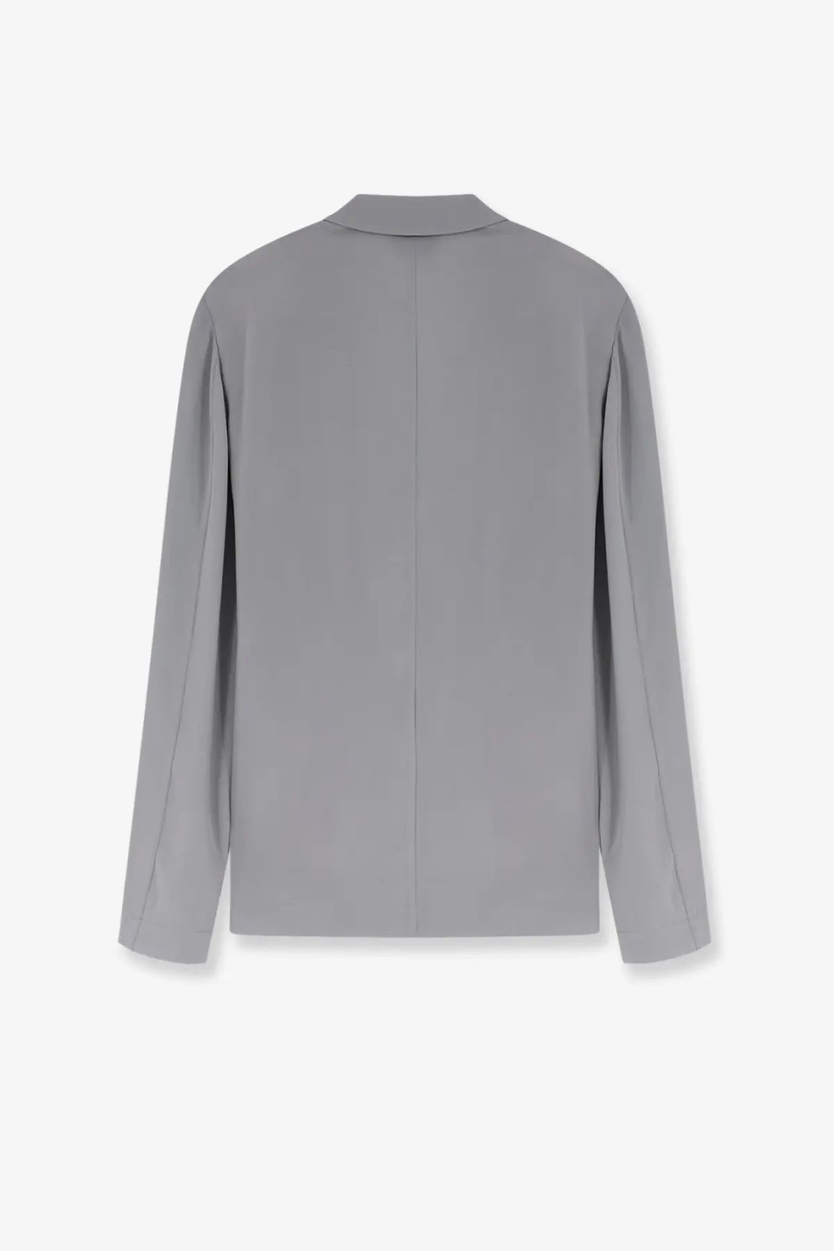 Alysi women’s loose silk blazer grey shown from the back with smooth fabric and a subtle vertical seam