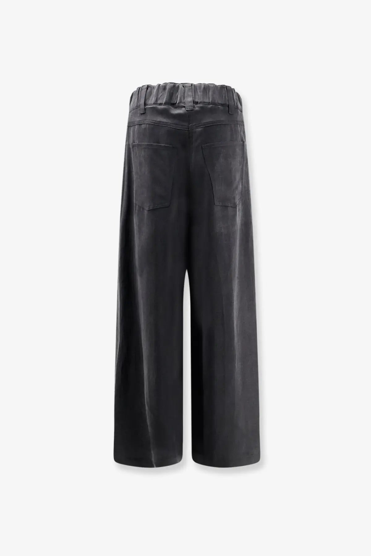 Back view of alysi women’s lyocell and cotton black wide-leg trousers with elastic waistband and two back pockets