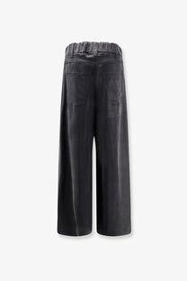 Back view of alysi women’s lyocell and cotton black wide-leg trousers with elastic waistband and two back pockets