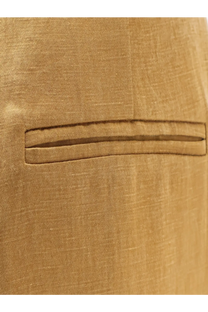 A close-up of alysi women’s tan linen and lyocell trousers showing subtle texture and embroidered pocket detail