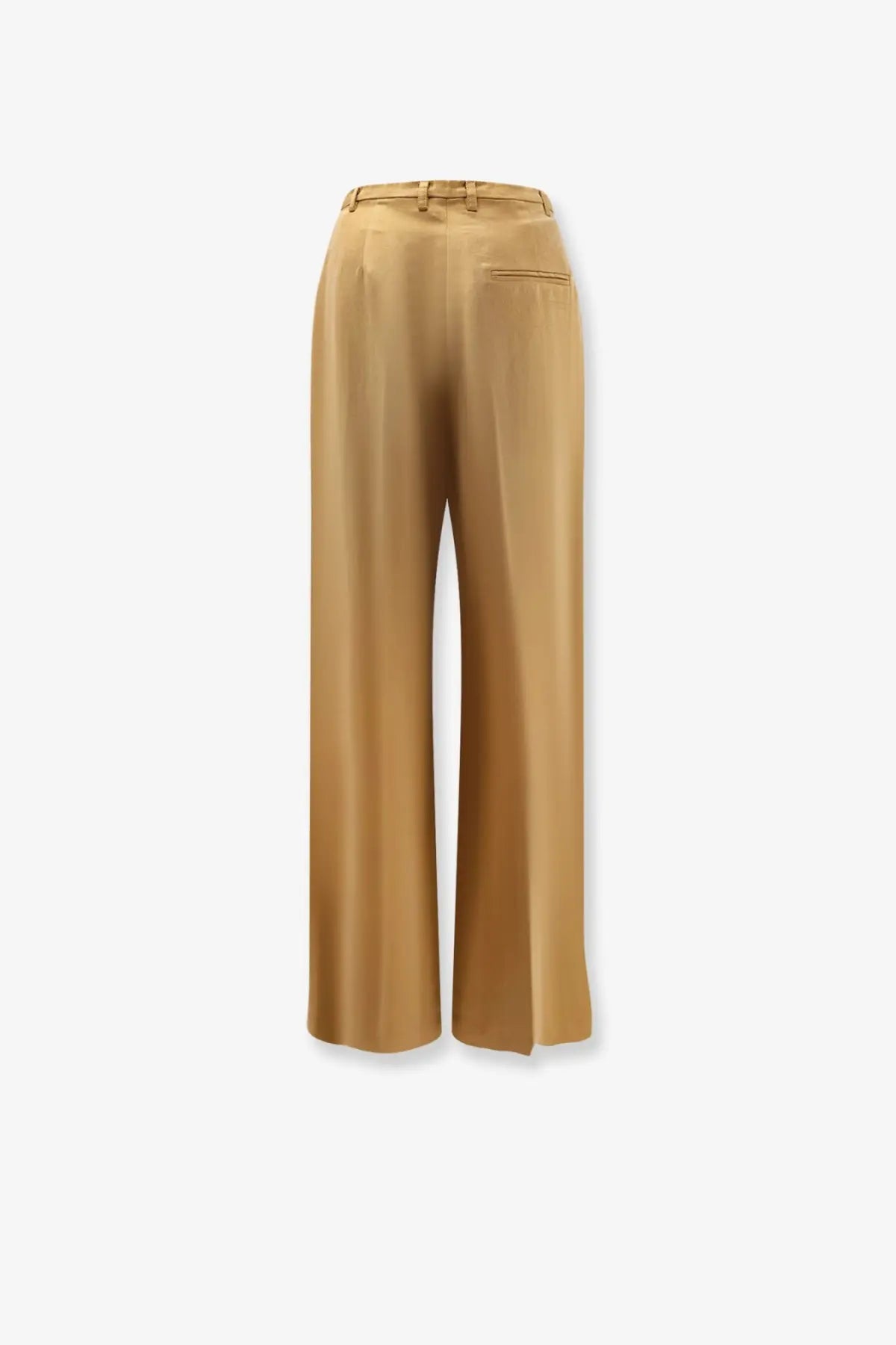 Alysi women’s tan wide-leg lyocell and linen trousers with a sleek satin finish and a subtle back pocket shown from the back