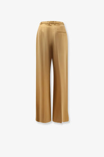 Alysi women’s tan wide-leg lyocell and linen trousers with a sleek satin finish and a subtle back pocket shown from the back