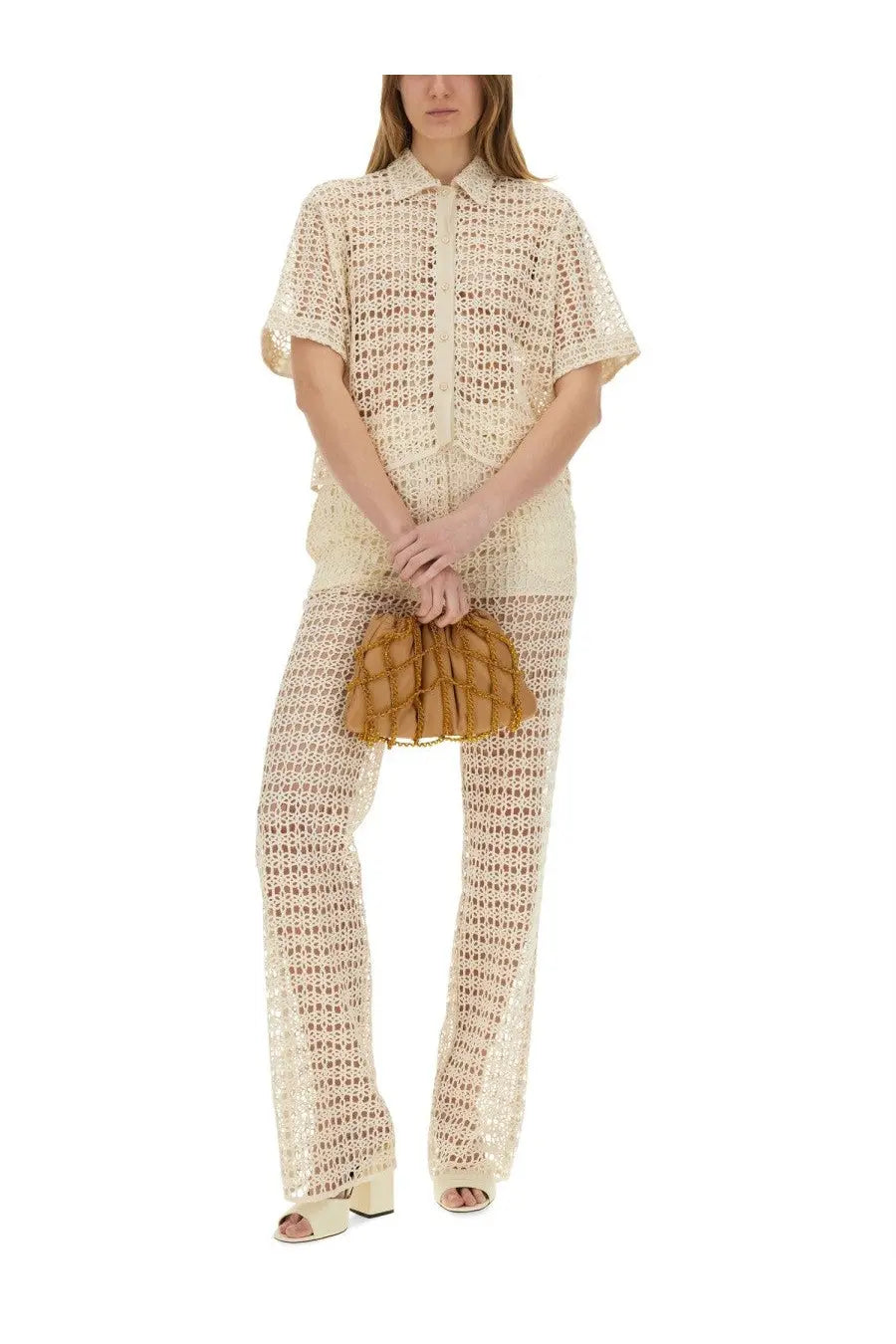 Alysi women’s beige cream-colored crocheted blouse with short sleeves and button-down front in macramé style