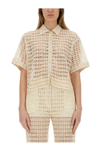 Alysi women’s beige cream-colored crocheted short-sleeved blouse with classic collar and button-front macramé design