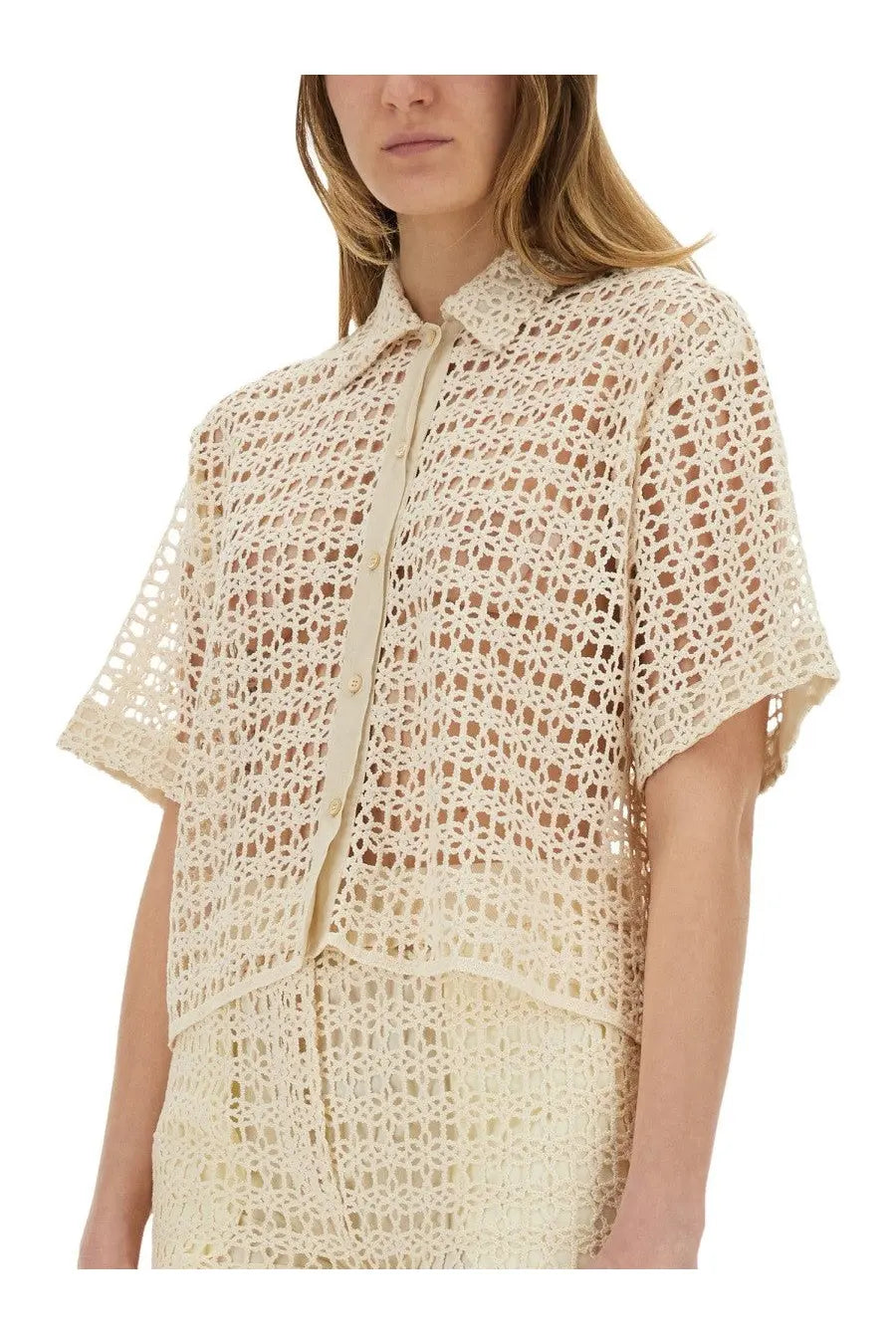 Alysi women’s beige macramé shirt cream-colored short-sleeved crocheted blouse with button-front and collar