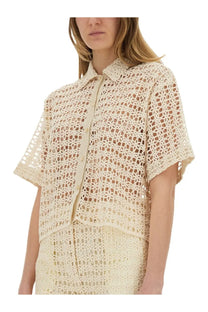 Alysi women’s beige macramé shirt cream-colored short-sleeved crocheted blouse with button-front and collar