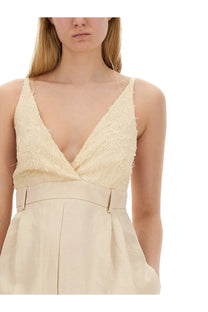Alysi women’s malfile satin jumpsuit beige cream lace top deep v neck thin straps high waisted trousers