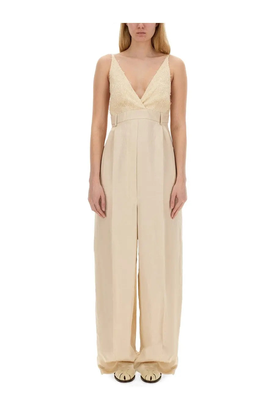Beige alysi women’s malfile satin jumpsuit with lace trim v-neckline and wide-leg pants