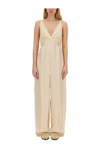 Beige alysi women’s malfile satin jumpsuit with lace trim v-neckline and wide-leg pants