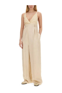 Beige alysi women’s malfile satin jumpsuit sleeveless with v-neck lace bodice and wide-leg trousers with matching belt