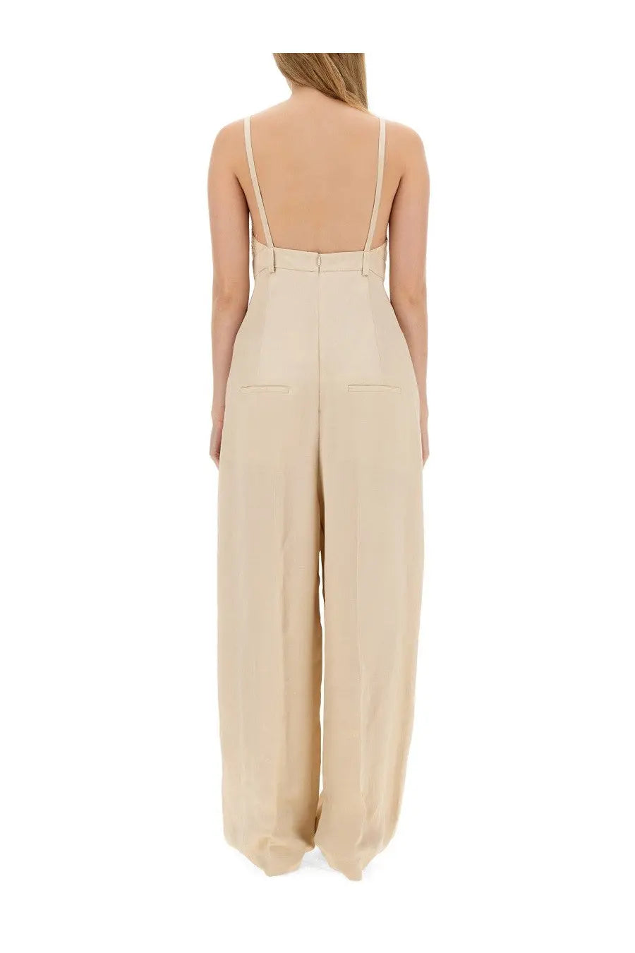 Alysi women’s malfile satin beige jumpsuit with thin spaghetti straps wide-leg and high-waisted design