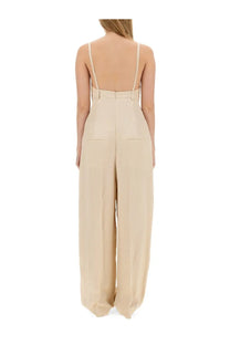 Alysi women’s malfile satin beige jumpsuit with thin spaghetti straps wide-leg and high-waisted design