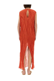 Alysi women’s metallic gauze longuette dress red shown from the back with a flowing sleeveless orange crinkled fabric and cutout