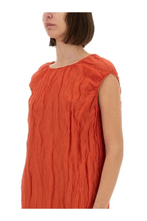 Alysi women’s red metallic gauze longuette dress in vibrant orange with sleeveless design and crinkled fabric texture