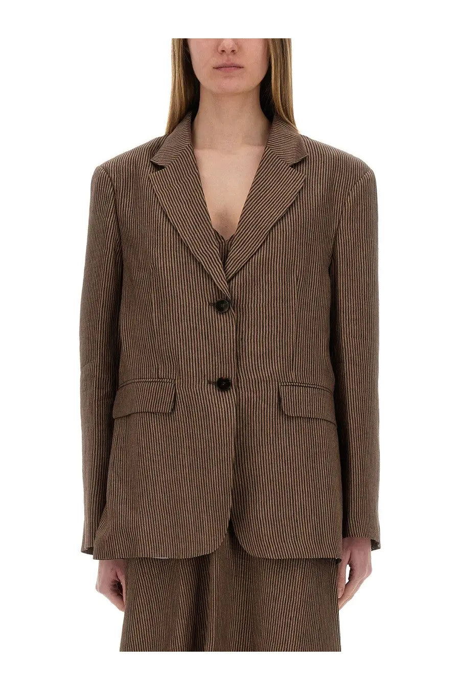 Alysi women’s micro stripes brown pinstripe blazer with black buttons and a structured tailored fit