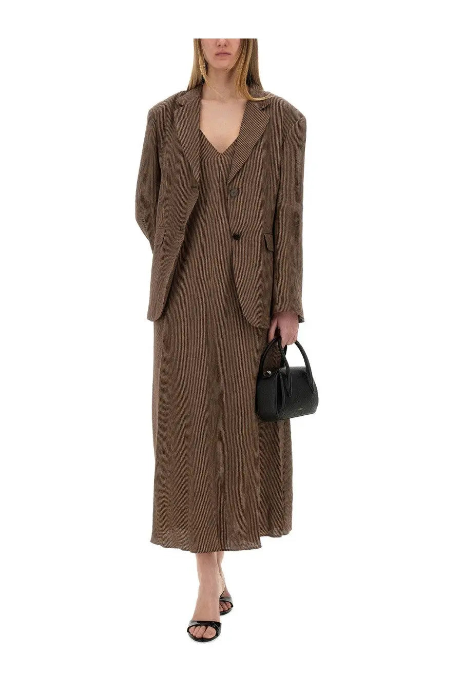 Alysi women’s brown micro stripes blazer in linen paired with matching long dress and black leather handbag