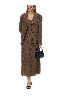 Alysi women’s brown micro stripes blazer in linen paired with matching long dress and black leather handbag