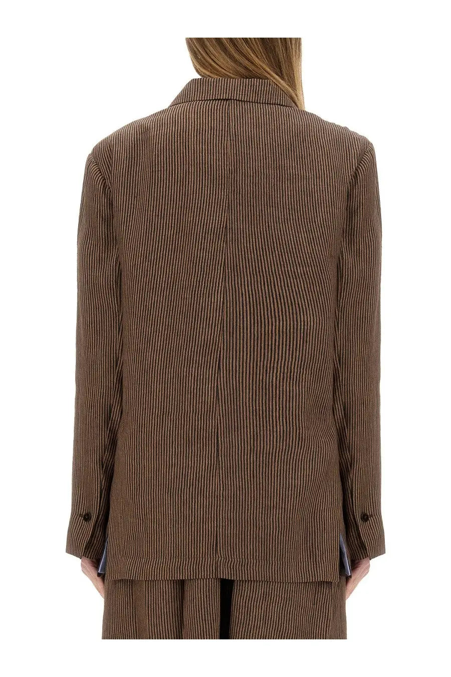 Alysi women’s micro stripes brown blazer with relaxed fit and subtle vertical pinstripe detailing
