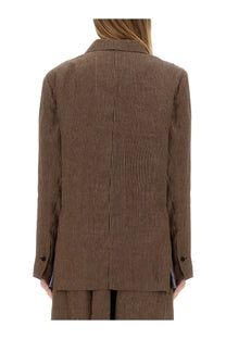 Alysi women’s micro stripes brown blazer with relaxed fit and subtle vertical pinstripe detailing