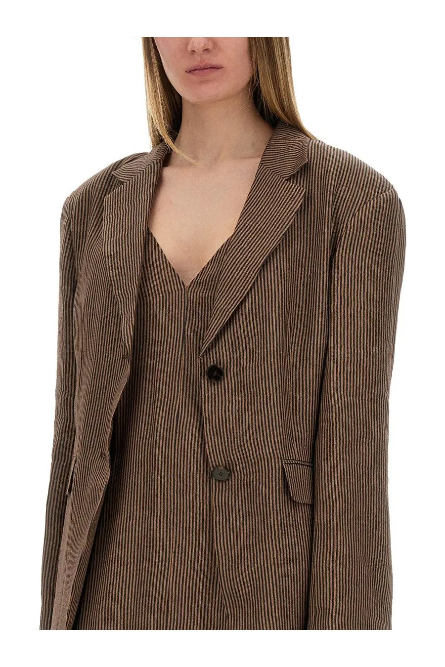 Alysi women micro stripes blazer brown with relaxed fit brown pinstripe fabric and dark buttons