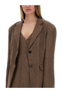 Alysi women micro stripes blazer brown with relaxed fit brown pinstripe fabric and dark buttons