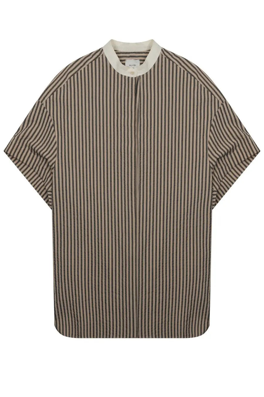 Alysi women’s mini abito righe beige relaxed-fit short-sleeved shirt with vertical beige and dark brown stripes and cream stand-up collar