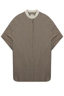 Alysi women’s mini abito righe beige relaxed-fit short-sleeved shirt with vertical beige and dark brown stripes and cream stand-up collar
