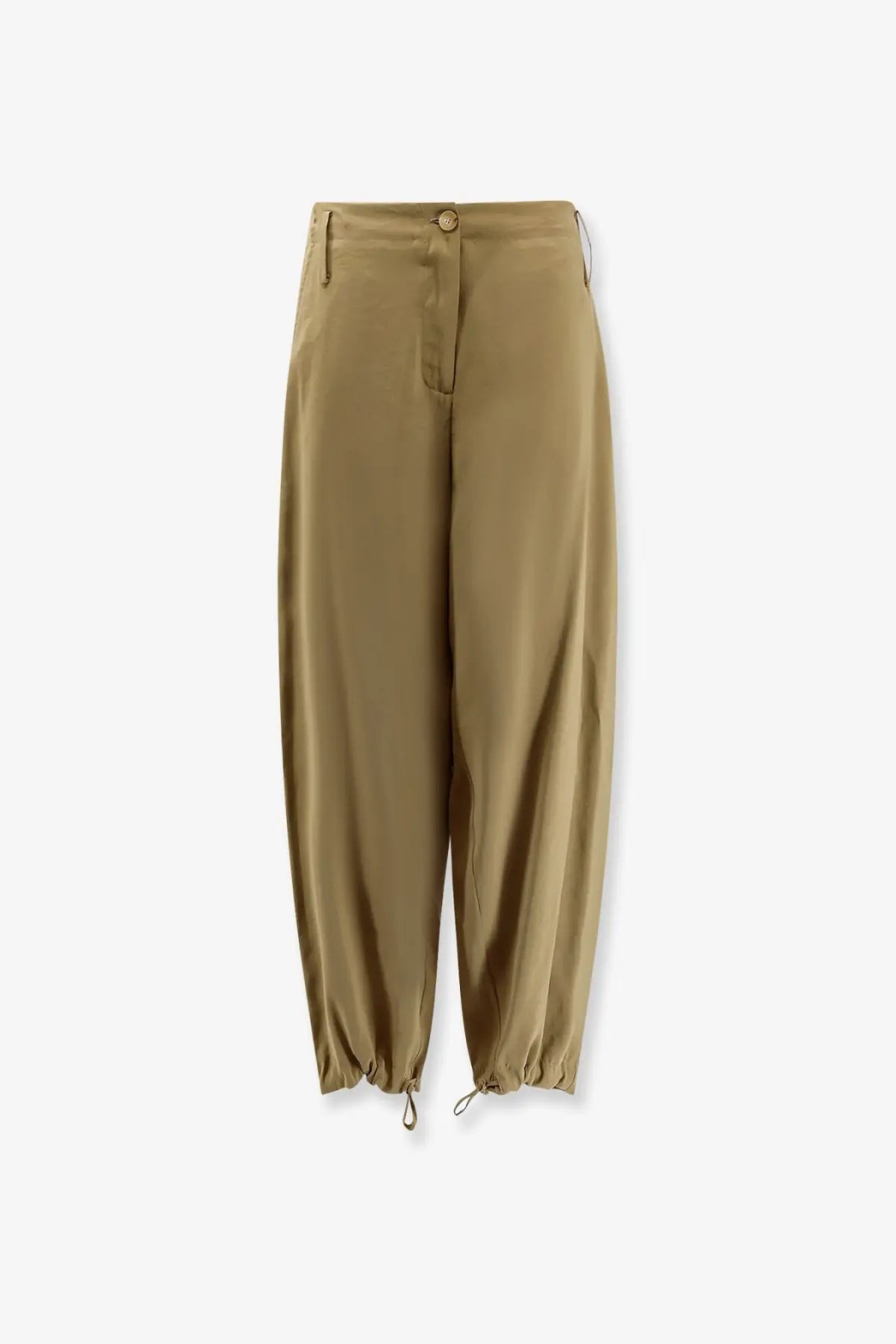 Alysi women’s tan modal trousers with high waist relaxed tapered fit and drawstring cuffs for casual wear