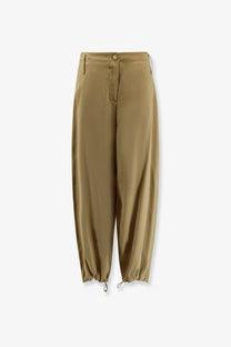 Alysi women’s tan modal trousers with high waist, relaxed tapered fit, and drawstring cuffs for comfortable wear