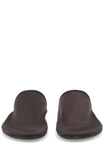 Alyso women’s mule in raso brown dark brown leather with sleek minimalist design shown from the back side