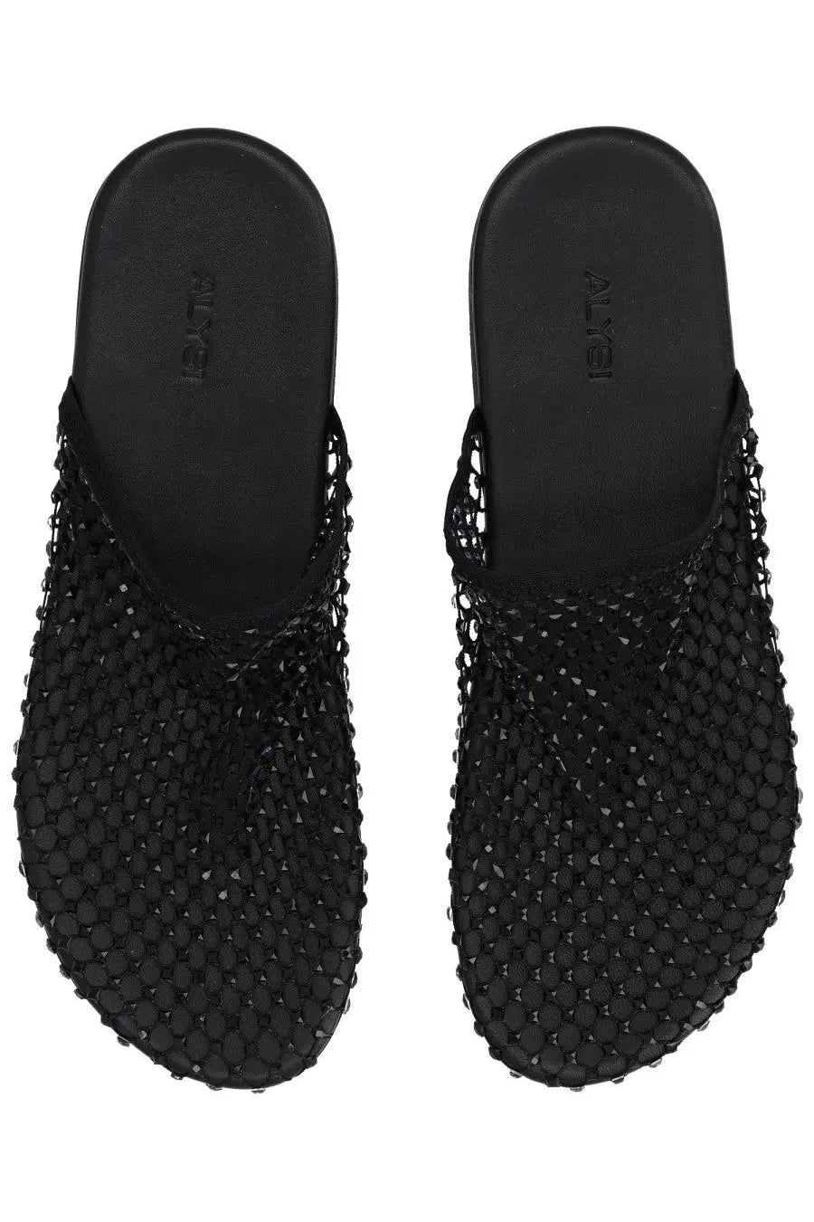Alysi women’s black mule shoe with sleek woven mesh texture and minimalist design