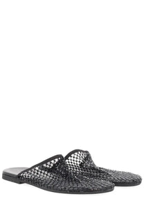 Alysi women’s mule shoe black with woven open-knit mesh upper and flat rubber sole shown from the back side