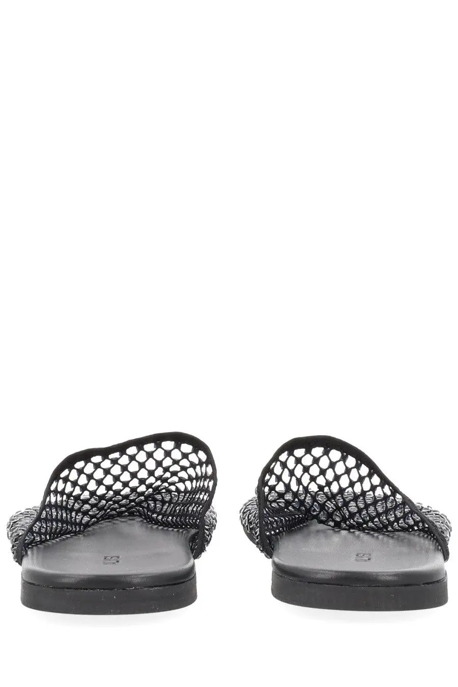 Alysi women’s mule shoe black featuring black mesh slide sandals with textured woven strap detail