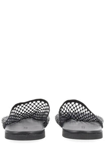 Alysi women’s mule shoe black featuring black mesh slide sandals with textured woven strap detail