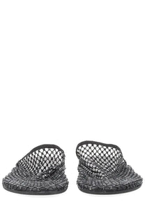 Alysi women’s mule shoe black featuring black mesh slide sandals with woven open-knit design and rubber soles