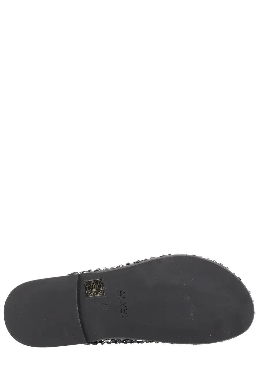 Alysi women’s black mule shoe showing the black rubber sole with textured beaded edge and white Alysi logo
