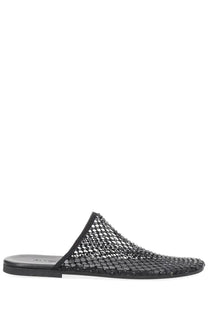 Alysi women’s black mule shoe featuring a woven mesh upper and flat sole slip-on design