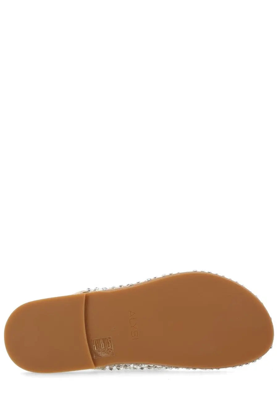 Alysi women’s silver mule shoe with silver glitter espadrille flat front and tan rubber sole