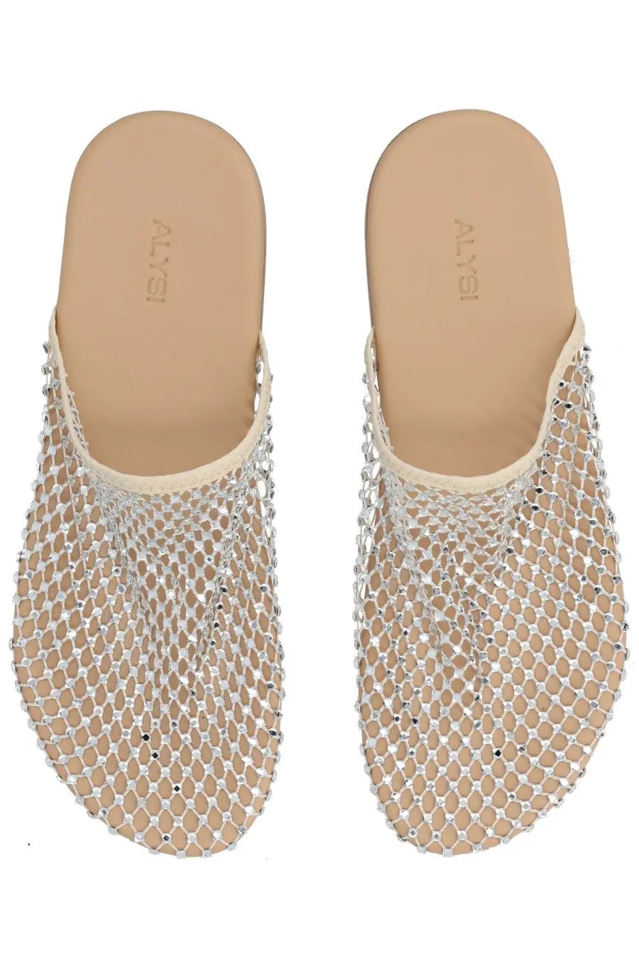 Alyis women’s silver mesh mules with delicate sparkling design and beige insole for stylish wear