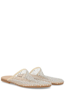 Alysi women’s silver mesh mules with delicate sparkling design and beige leather accents
