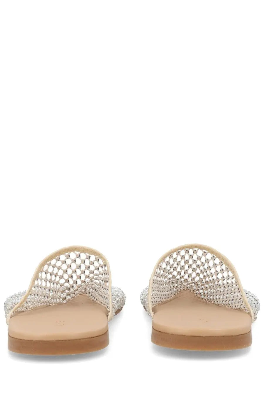 Alysi women’s silver mesh slide sandals with delicate openwork design and beige suede accents