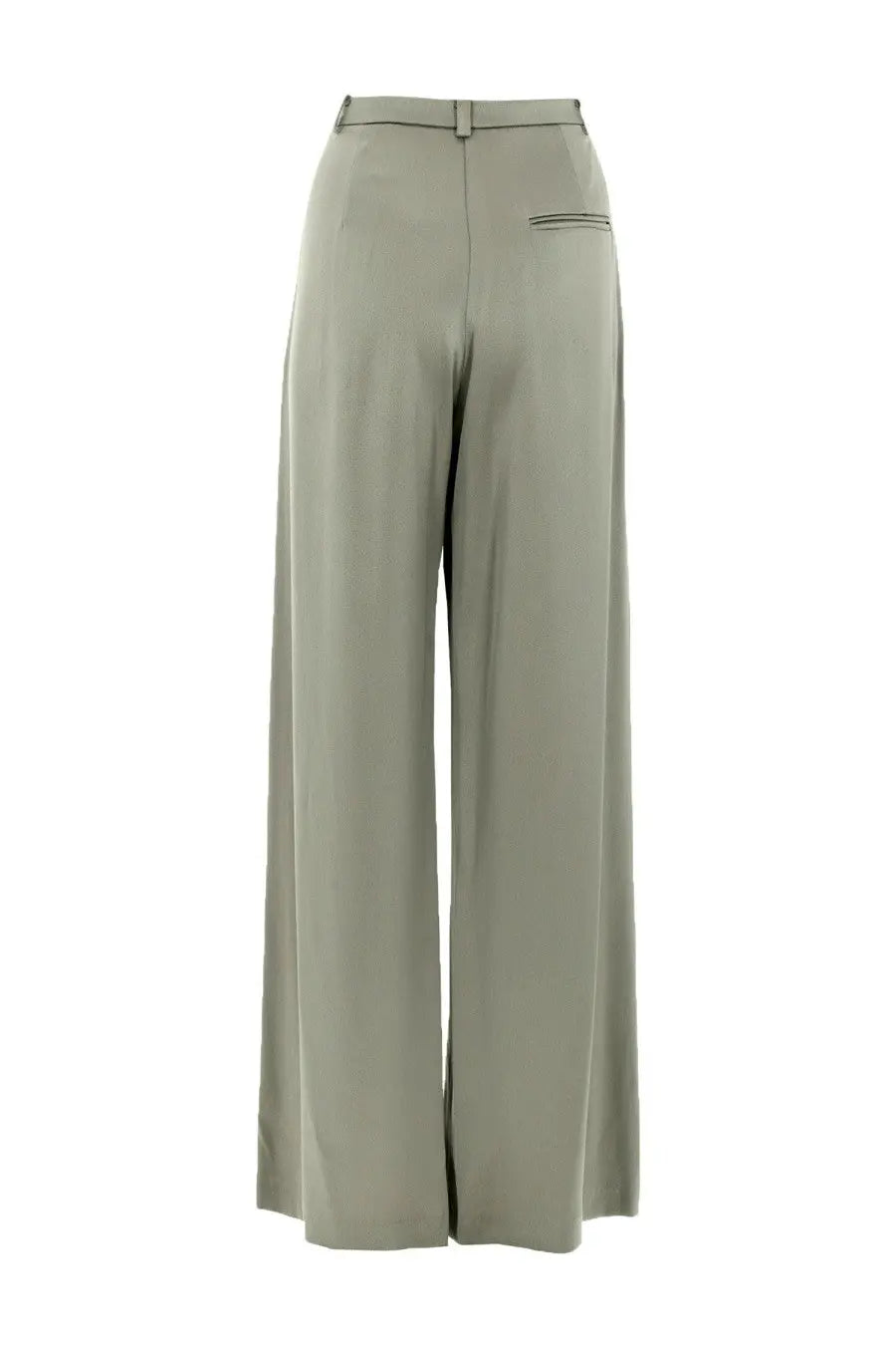 Alysi women’s high-waisted wide-leg trousers in sleek olive green satin with subtle back pocket stitching shown from the back