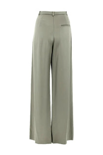 Alysi women’s high-waisted wide-leg trousers in sleek olive green satin with subtle back pocket stitching shown from the back