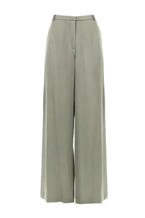 Alysi women’s pantalone ampio high-waisted wide-leg trousers in sleek olive green satin with subtle front pleats