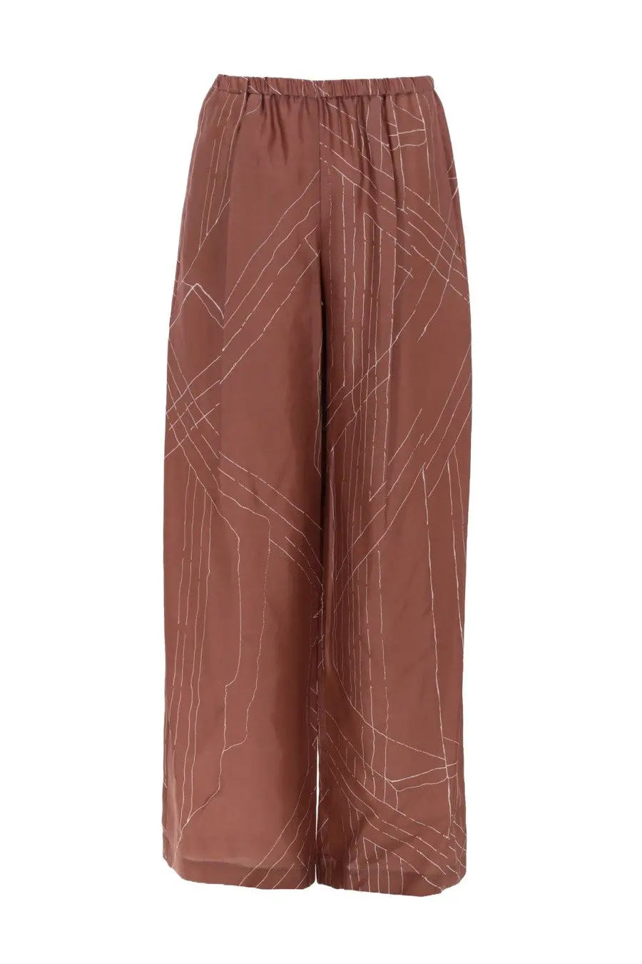 Alysi women’s pantalone in seta brown wide-leg trousers with subtle lighter geometric pattern in silk fabric