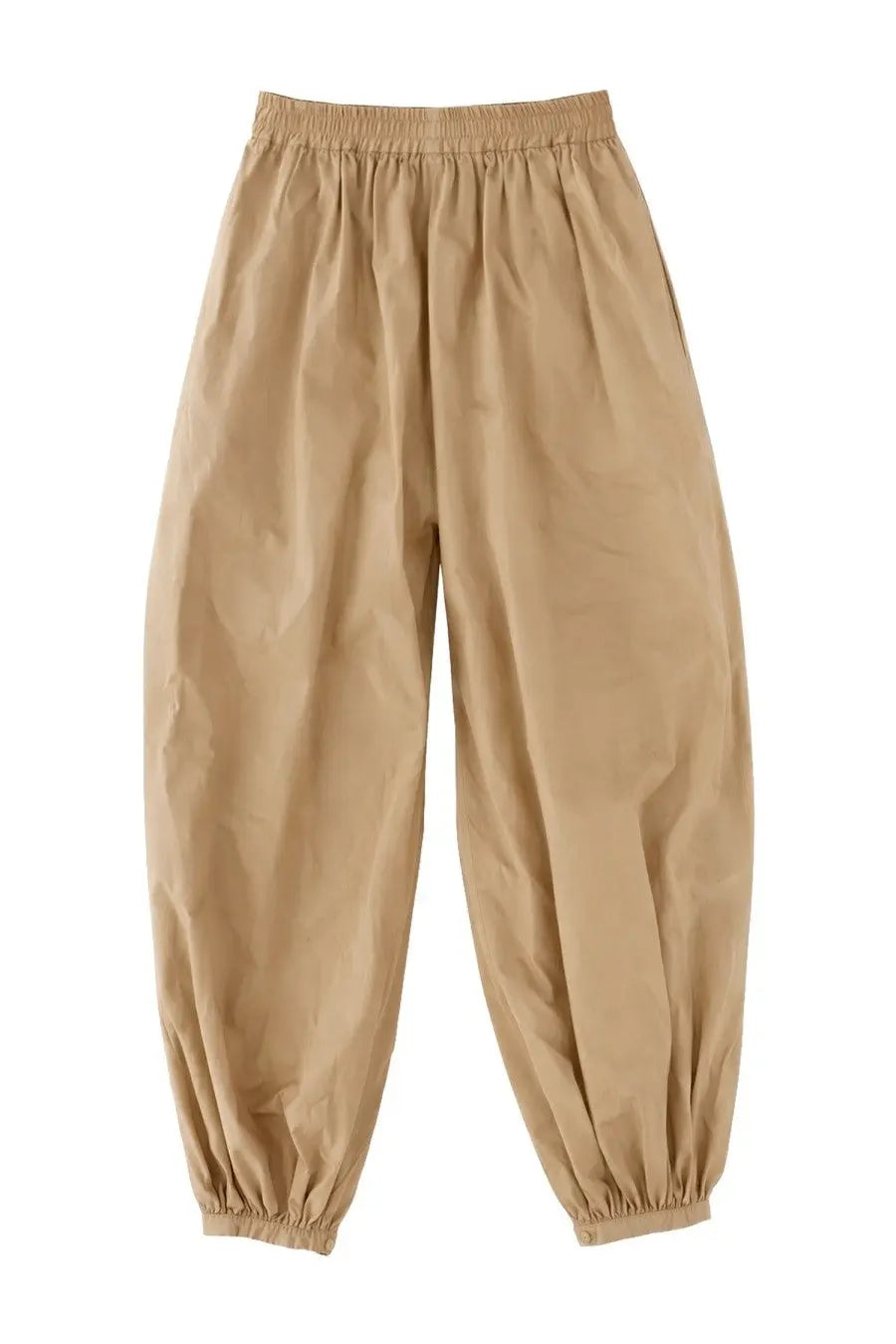 Alysi women’s beige cotton pants with elastic waistband and gathered tapered cuffs for comfortable wear