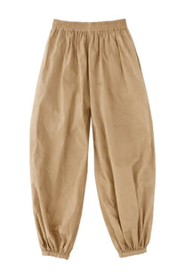 Alysi women’s beige cotton pants with elastic waistband and gathered tapered cuffs for comfortable wear