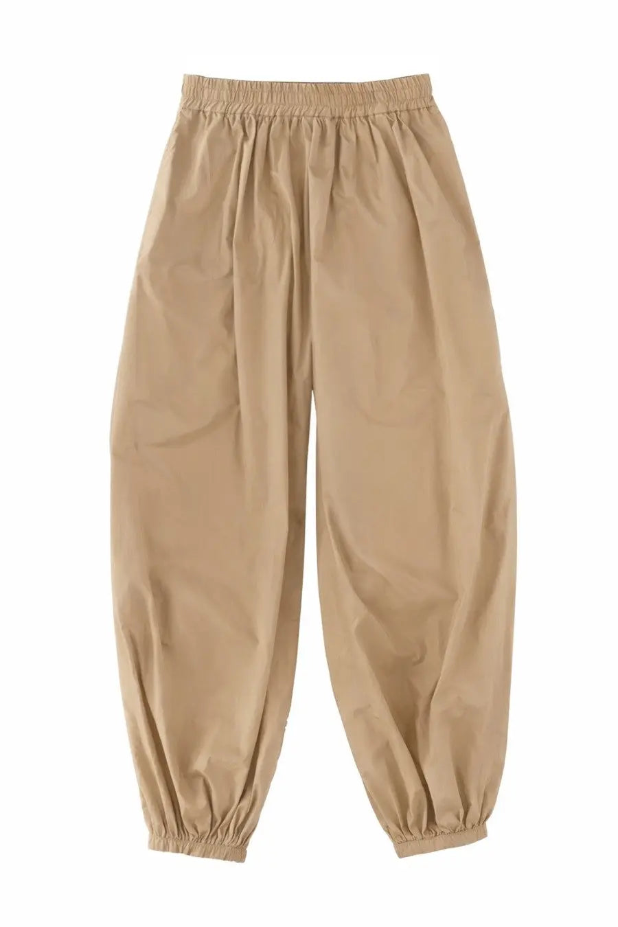 Beige alysi women’s loose-fitting pants with elastic waistband and gathered cuffs made from soft fabric