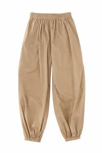 Beige alysi women’s loose-fitting pants with elastic waistband and gathered cuffs made from soft fabric